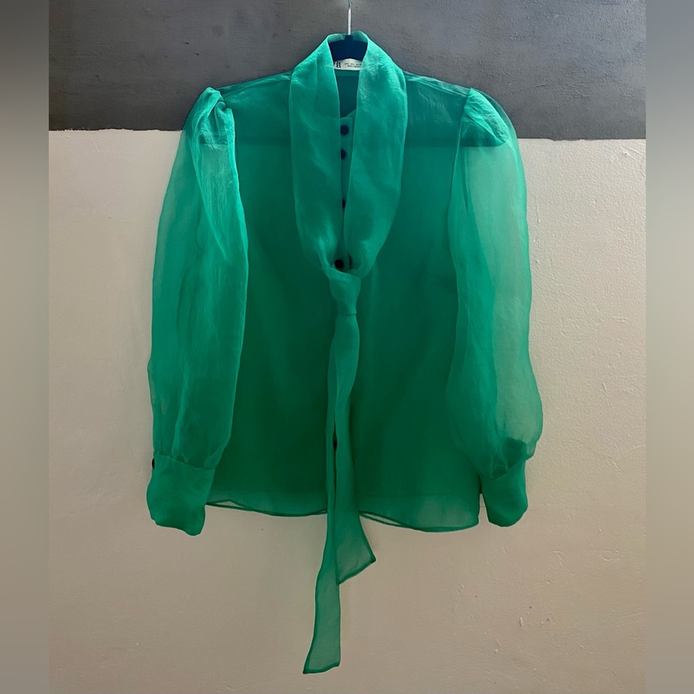 Zara Aquamarine Sheer Blouse with Bow